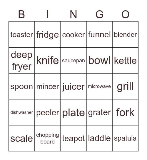 Kitchen Bingo Card