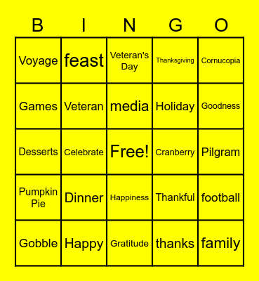 November Vocabulary Words Bingo Card