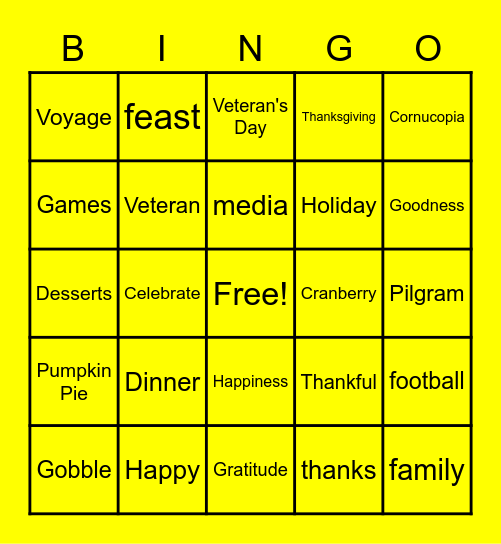 November Vocabulary Words Bingo Card