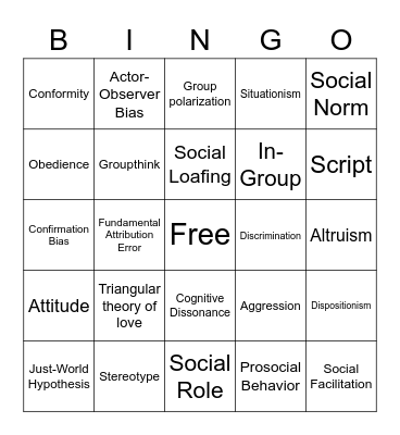 Social Psychology Bingo Card