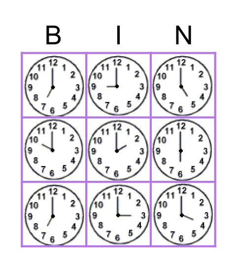 Time: o'clock Bingo Card