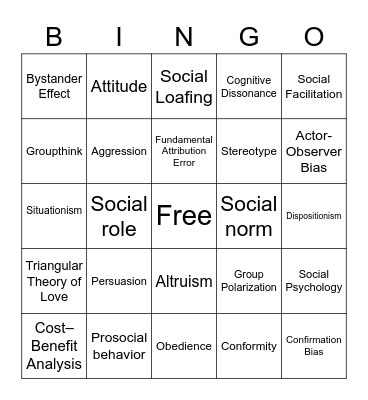 Social Psychology Bingo Card