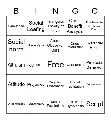 Social Psychology Bingo Card