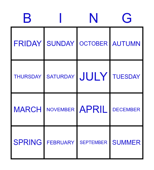 DAYS-MONTHS-SEASONS Bingo Card
