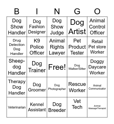 Canine Careers Bingo Card