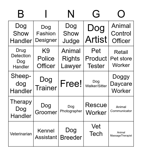 Canine Careers Bingo Card