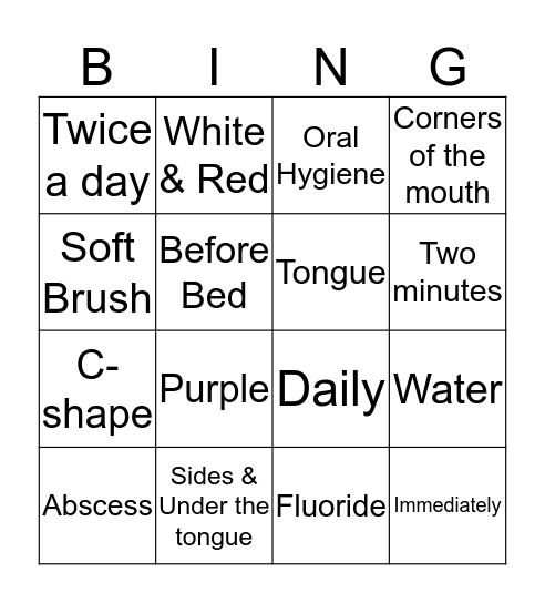 Dental Hygiene Bingo Card