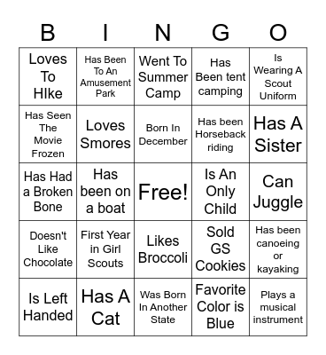 Girl Scout "Get to know you" Bingo Card