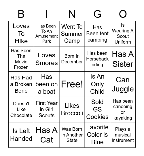 Girl Scout "Get to know you" Bingo Card