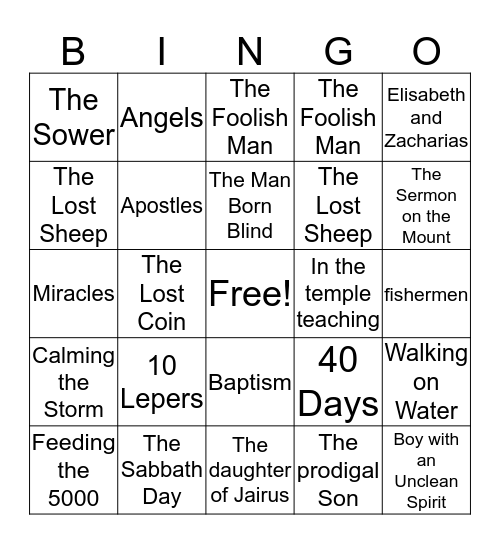 New Testament Review Bingo Card