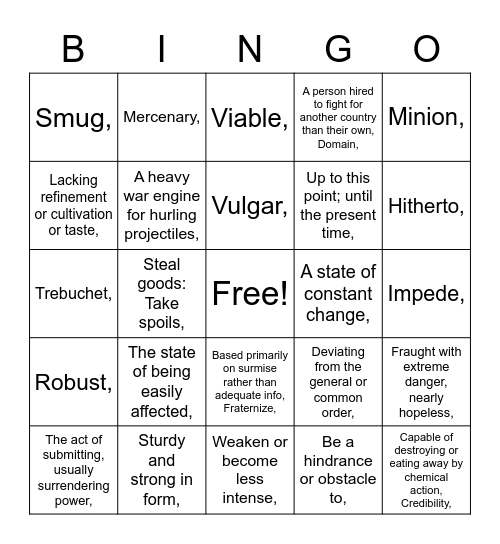 Nimona Vocabulary Bingo Card