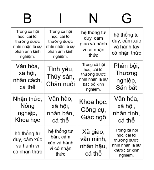 Xã hội học Bingo Card
