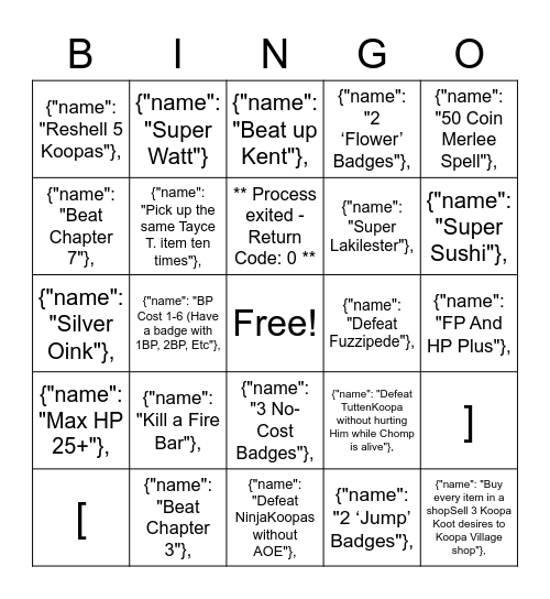 Untitled bingo card