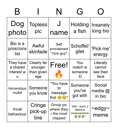 Tinder Bingo Card