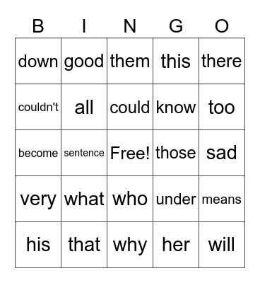 Word Bingo Card