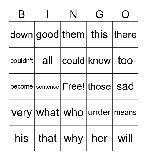 Word Bingo Card