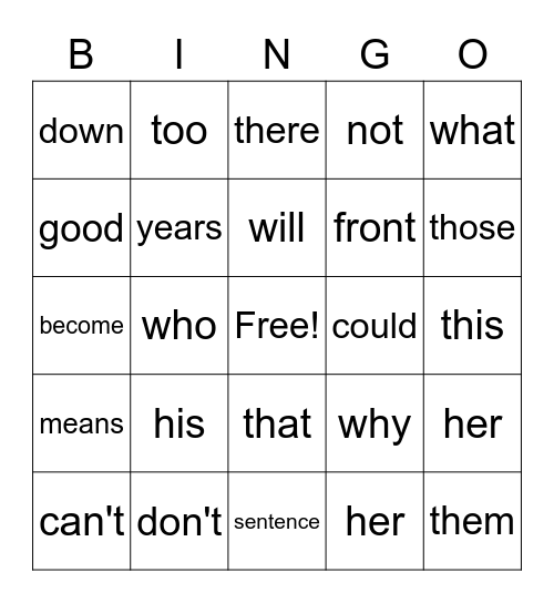 Word Bingo Card