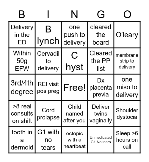 Residency Bingo Card