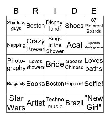 Bride Bingo Card
