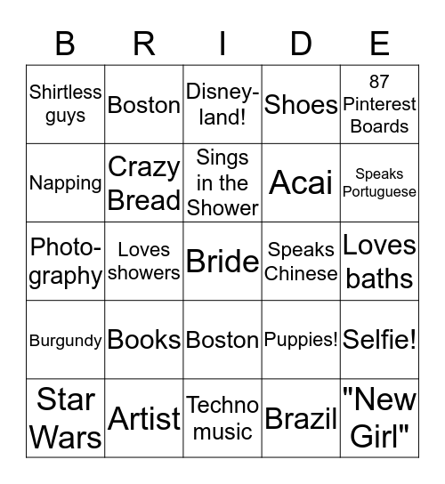 Bride Bingo Card