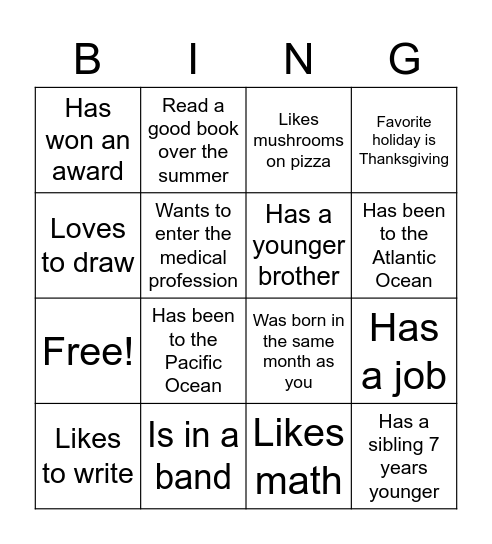 Ice breaker bingo Card