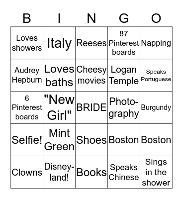 BRIDE Bingo Card