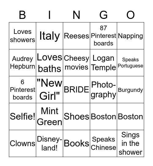 BRIDE Bingo Card