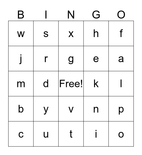 Letter sounds Bingo Card
