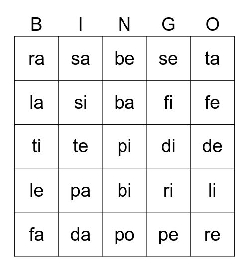 Bingo des Syllabes! Bingo Card