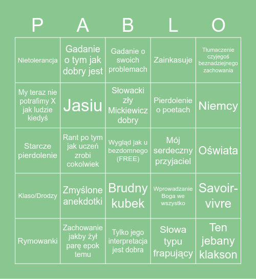 Lekcja Bingo Card