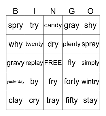 Y - vowel sounds /a/, /e/, /i/ Bingo Card