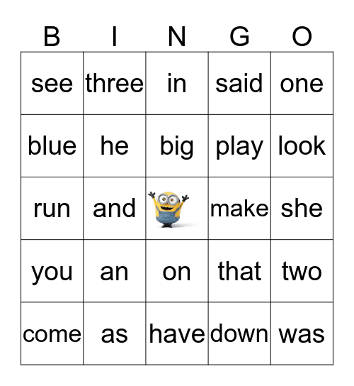 Minion Sight Words Bingo Card