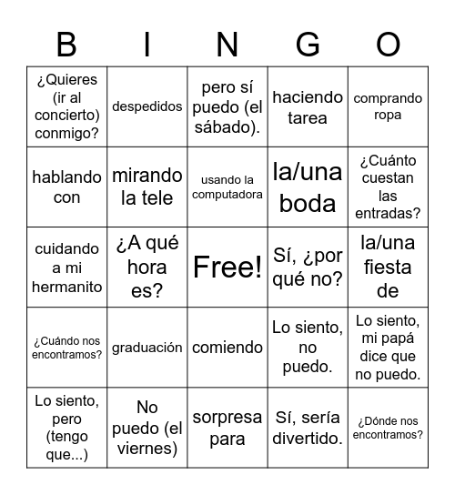 Invitaciones y planes Bingo Card