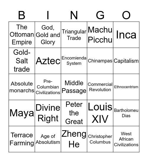 10th Grade Global Bingo Card