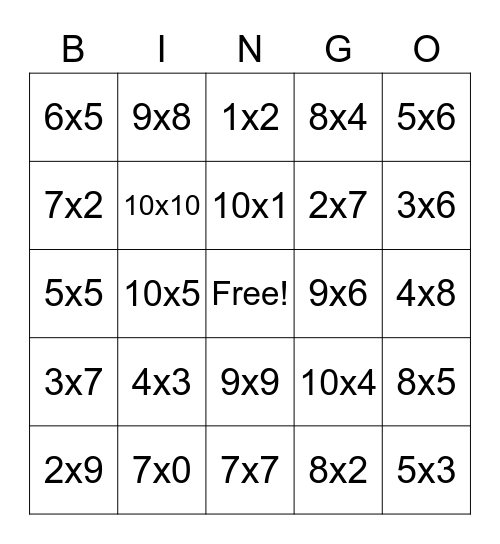 Multiplication Bingo Card