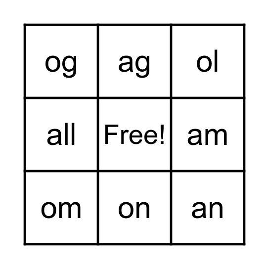 Vowel Sounds /a/ /o/ Bingo Card