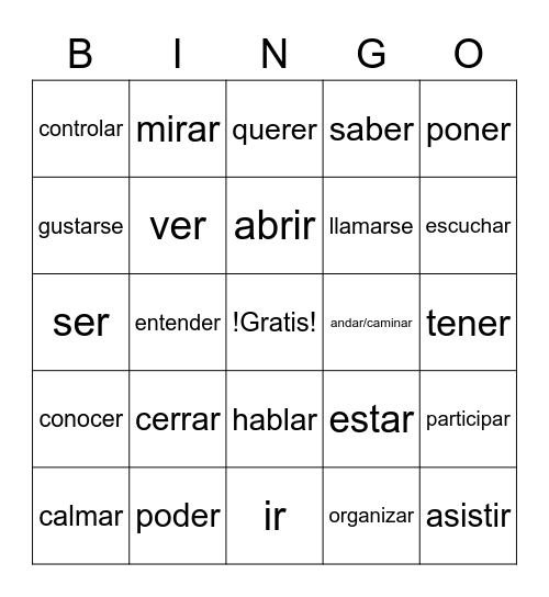 Verbos Bingo Card