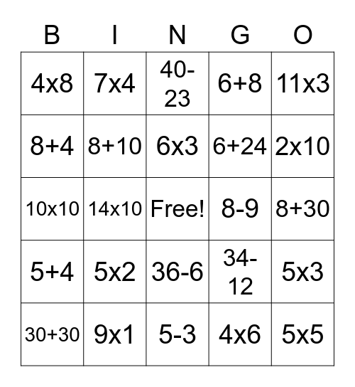 Maths Quiz Bingo Card