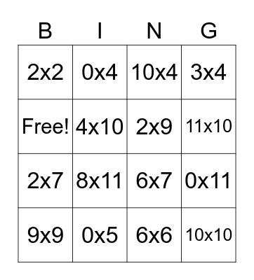 Multiplication Bingo Card