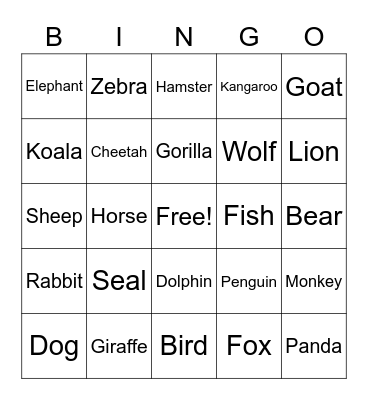 Animals Bingo Card