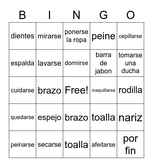 Reflexives Bingo Card