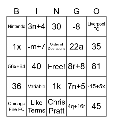 Math Bingo 11-4 Bingo Card