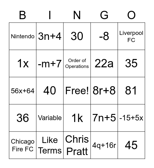 Math Bingo 11-4 Bingo Card