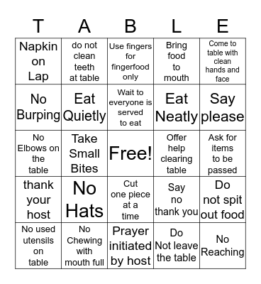 Table Manners Bingo Card
