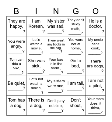 Tag Questions Bingo Card