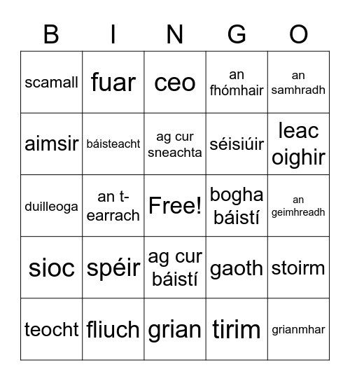 an Aimsir agus na Séisiúir Bingo Card