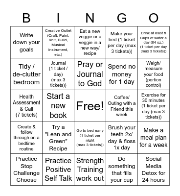 Fun Healthy Challenge Bingo Card