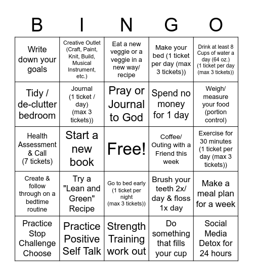 Fun Healthy Challenge Bingo Card