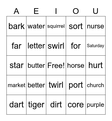 R-Controlled Vowels Bingo Card