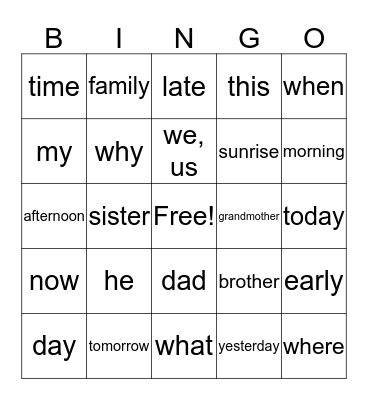 family, pronouns time Bingo Card